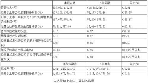 先达股份上半年主要财务数据